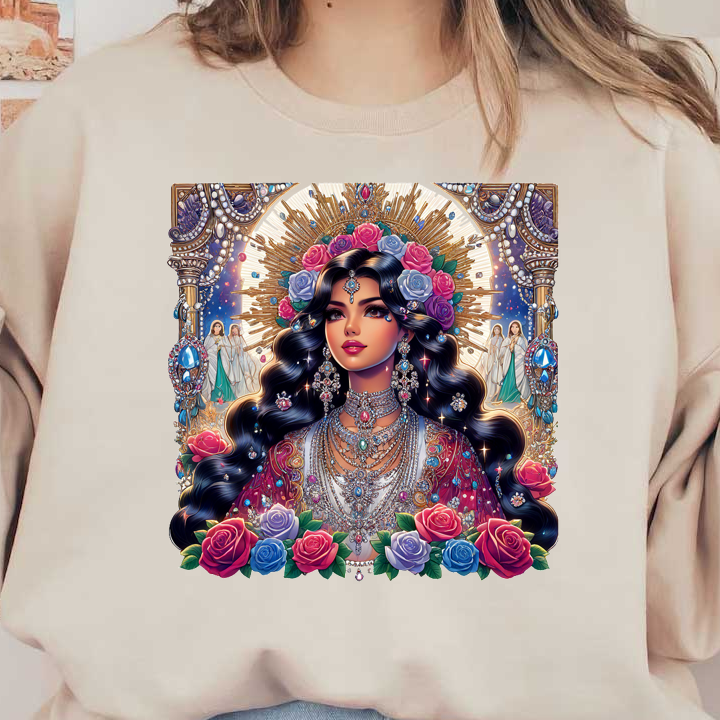 Una impresionante ilustración que presenta a una hermosa mujer adornada con elaboradas joyas, rodeada de rosas y figuras angelicales, irradiando elegancia.