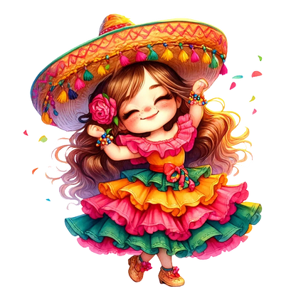 A cheerful girl in a vibrant, ruffled dress and a colorful sombrero, celebrating with joy and charm. heat press transfers