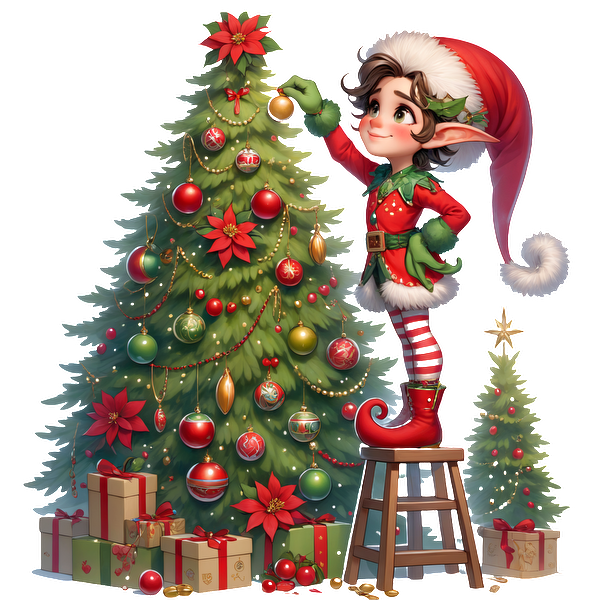 A cheerful elf in a festive outfit decorates a beautifully adorned Christmas tree, surrounded by gift boxes and a small tree.DTF Transfers dtf prints