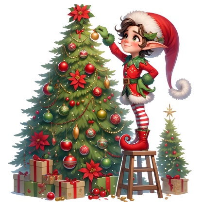 A cheerful elf in a festive outfit decorates a beautifully adorned Christmas tree, surrounded by gift boxes and a small tree.DTF Transfers dtf prints