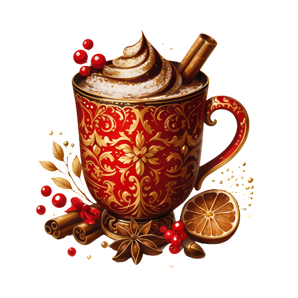 A beautifully ornate red mug filled with whipped cream, topped with cinnamon sticks, surrounded by festive spices and berries. heat press transfers