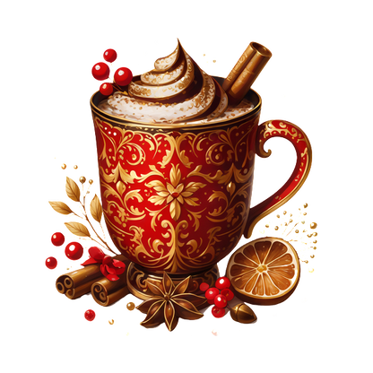 A beautifully ornate red mug filled with whipped cream, topped with cinnamon sticks, surrounded by festive spices and berries. heat press transfers