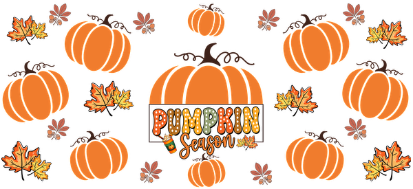 Celebre los colores vibrantes del otoño con este diseño festivo "Temporada de calabazas" que presenta calabazas y hojas otoñales. Transferencias UV