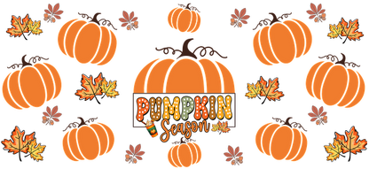 Celebre los colores vibrantes del otoño con este diseño festivo "Temporada de calabazas" que presenta calabazas y hojas otoñales. Transferencias UV