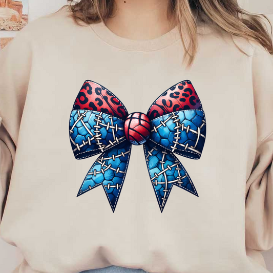 This vibrant bow features a striking mix of red leopard print and blue basketball-themed designs, accented with stitching and a central ball.