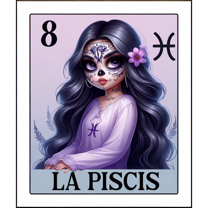 Una ilustración caprichosa que representa el signo zodiacal de Piscis, con una niña con maquillaje de calavera de azúcar y cabello largo y ondulado.