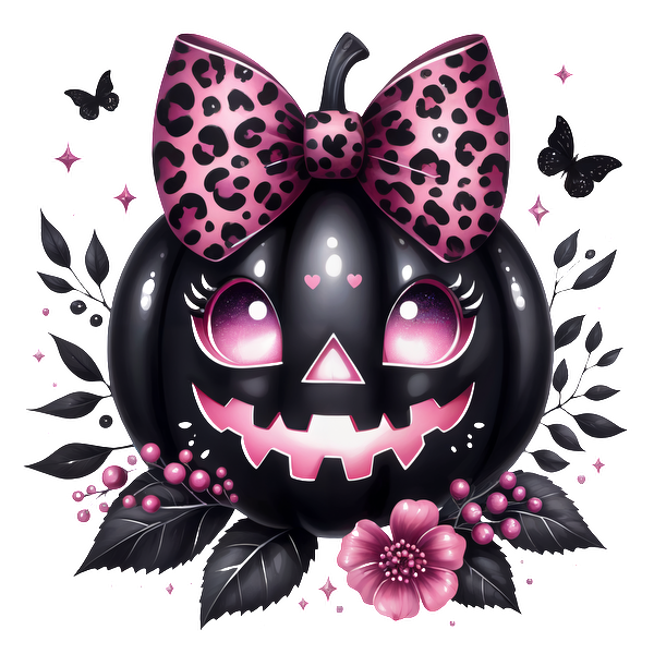 Una divertida calabaza negra con un lazo con estampado de leopardo, con lindos ojos y rodeada de flores y hojas rosas.