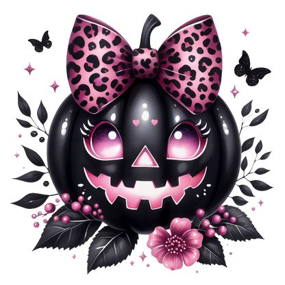 Una divertida calabaza negra con un lazo con estampado de leopardo, con lindos ojos y rodeada de flores y hojas rosas.