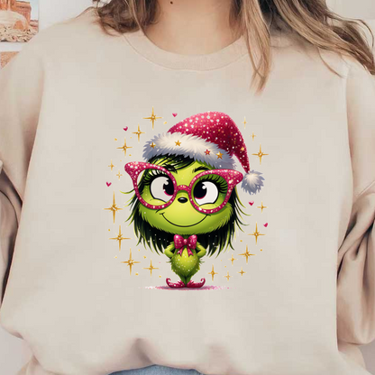 A cheerful green character in a sparkly Santa hat and oversized glasses, complete with a festive bow tie.DTF Transfers dtf prints