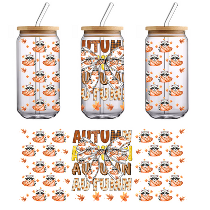 A vibrant autumn-themed design featuring cute raccoons, colorful leaves, and a large decorative bow, celebrating the season's charm.UV Transfers dtf transfers