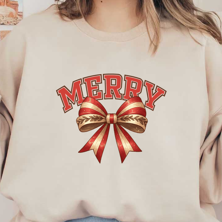 Un diseño festivo que presenta la palabra "MERRY" en letras rojas en negrita sobre un lazo de cinta retorcida decorativa de color rojo y crema.