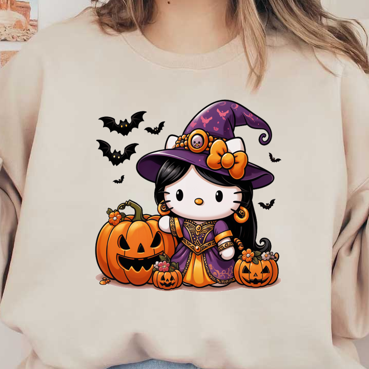 This adorable Halloween-themed Hello Kitty is dressed as a witch in a purple gown, surrounded by playful pumpkins and bats.DTF Transfers