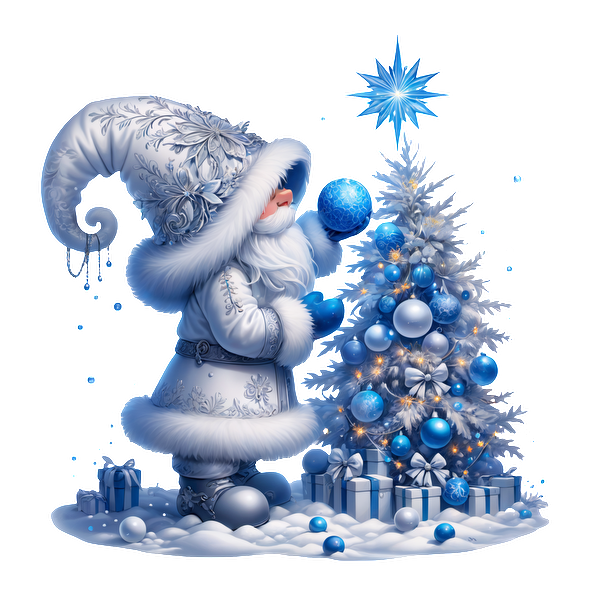 A whimsical winter scene featuring a snowy figure in a blue and white outfit decorating a Christmas tree with blue ornaments.DTF Transfers dtf transfers