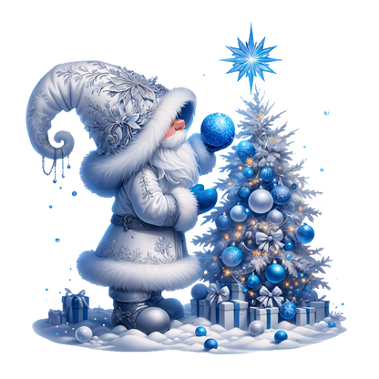 A whimsical winter scene featuring a snowy figure in a blue and white outfit decorating a Christmas tree with blue ornaments.DTF Transfers dtf transfers