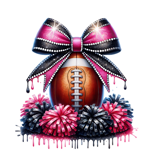 A fun and festive football design adorned with a sparkling pink and black bow, complemented by vibrant pom-poms.DTF Transfers heat press transfers