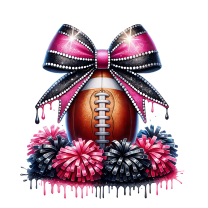 A fun and festive football design adorned with a sparkling pink and black bow, complemented by vibrant pom-poms.DTF Transfers heat press transfers