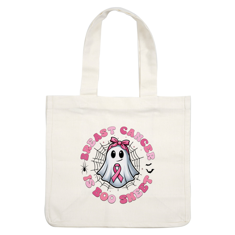 A whimsical ghost wearing a pink bow and ribbon promotes breast cancer awareness with the playful slogan "Breast Cancer is Boo Sheet."DTF Transfersdtf regular iron