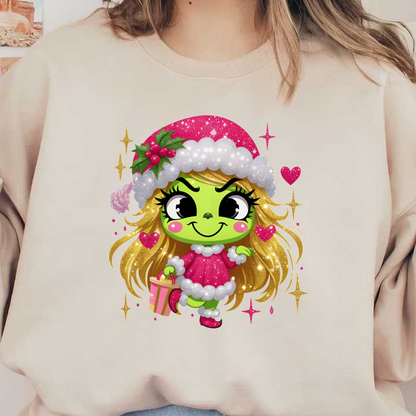 A festive green character in a pink holiday outfit with a fluffy white trim, holding a gift, spreading cheer and joy.DTF Transfers dtf prints