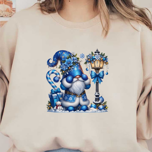 A cheerful winter gnome in a blue floral hat and coat, surrounded by gifts, a candy cane, and a lantern.DTF Transfers heat press transfers