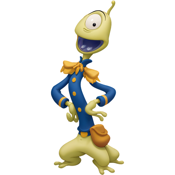 This whimsical cartoon character features a green alien with a large smile, dressed in a blue coat and yellow accents.DTF Transfers