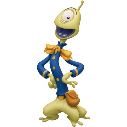 This whimsical cartoon character features a green alien with a large smile, dressed in a blue coat and yellow accents.DTF Transfers