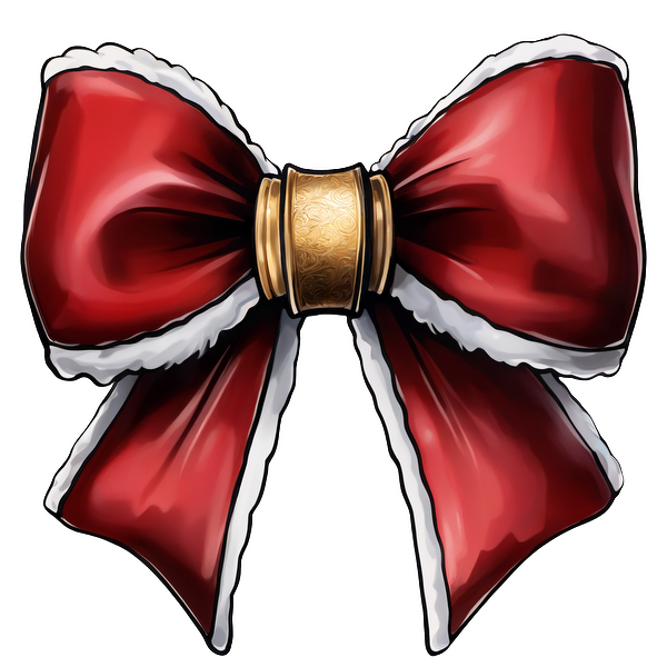 A festive red bow with white trim, elegantly cinched with a decorative gold clasp, perfect for holiday decorations.dtf regular iron