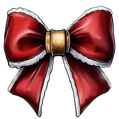 A festive red bow with white trim, elegantly cinched with a decorative gold clasp, perfect for holiday decorations.dtf regular iron