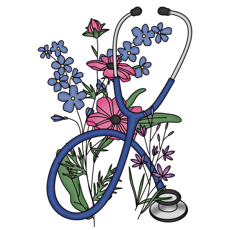 A vibrant illustration of a stethoscope intertwined with colorful flowers, symbolizing the blend of healthcare and nature.DTF Transfers