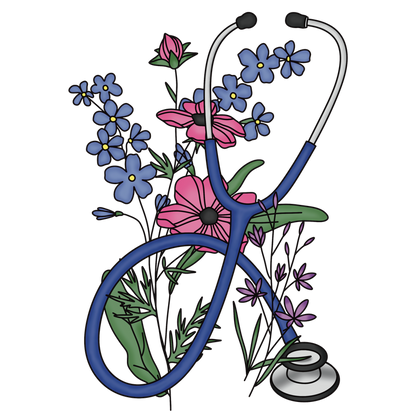 A vibrant illustration of a stethoscope intertwined with colorful flowers, symbolizing the blend of healthcare and nature.DTF Transfers