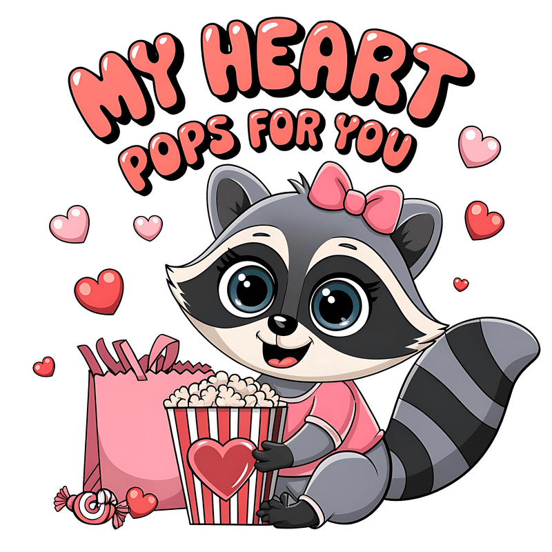 This cute cartoon raccoon in a pink outfit holds popcorn and surrounded by hearts, spreading a sweet Valentine's message!DTF Transfers