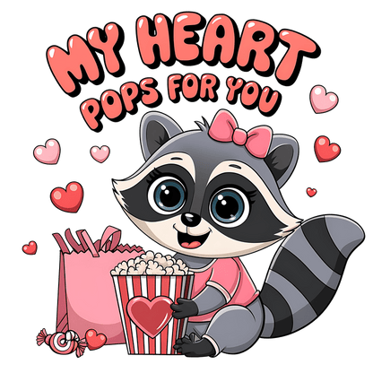 This cute cartoon raccoon in a pink outfit holds popcorn and surrounded by hearts, spreading a sweet Valentine's message!DTF Transfers