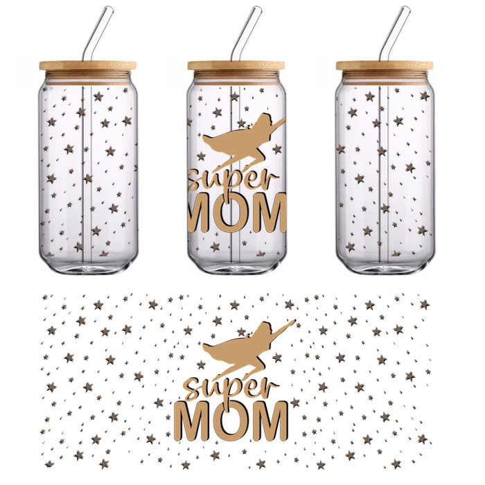 A cheerful illustration celebrating "Super Mom," featuring a flying figure with a starry background in warm gold tones.UV Transfers dtf prints