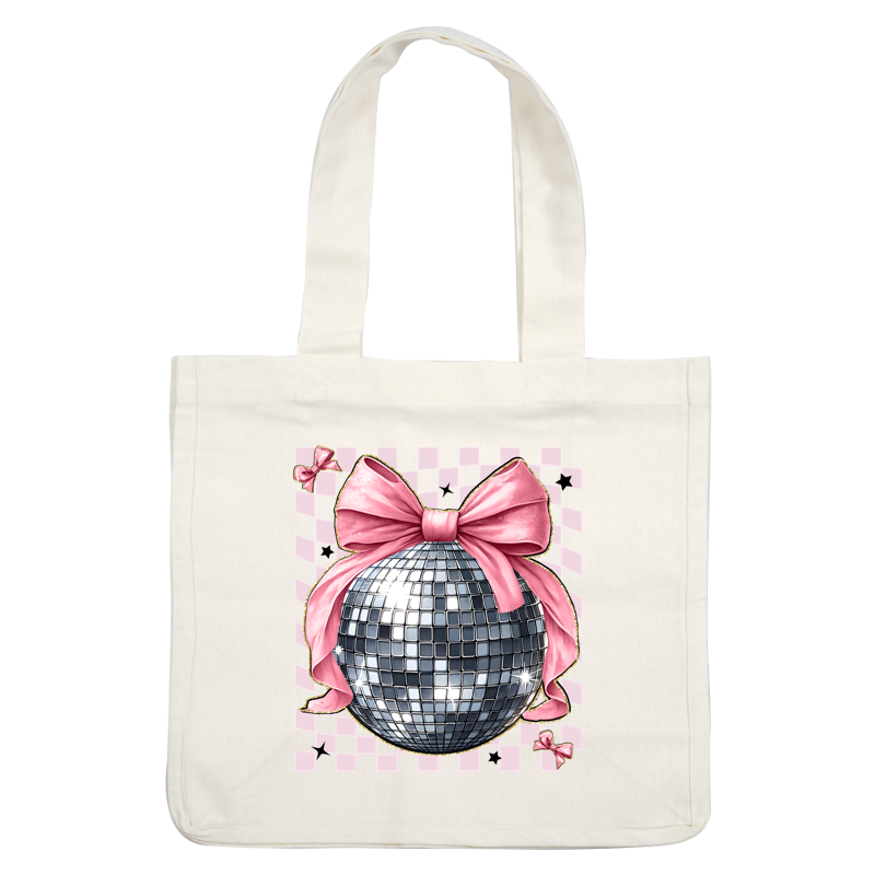 A sparkling disco ball adorned with a vibrant pink bow, perfect for adding a festive touch to any party atmosphere.DTF Transfers dtf transfers dtf transfers