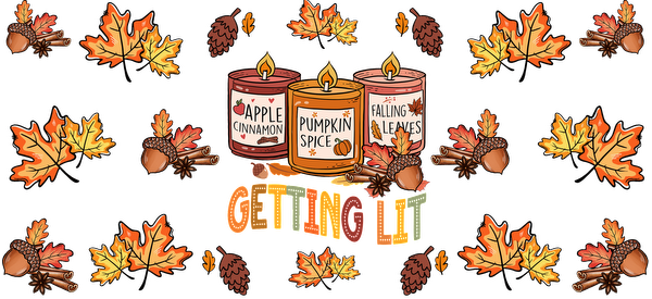 Celebrate fall with these cozy scented candles: Apple Cinnamon, Pumpkin Spice, and Falling Leaves, framed by autumn leaves and acorns.UV Transfers heat press transfers