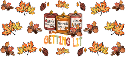 Celebrate fall with these cozy scented candles: Apple Cinnamon, Pumpkin Spice, and Falling Leaves, framed by autumn leaves and acorns.UV Transfers heat press transfers