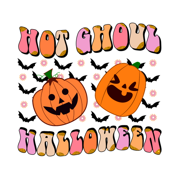 Celebrate Halloween with this playful "Hot Ghoul Halloween" design featuring two cheerful jack-o'-lanterns and colorful, fun lettering! dtf transfers