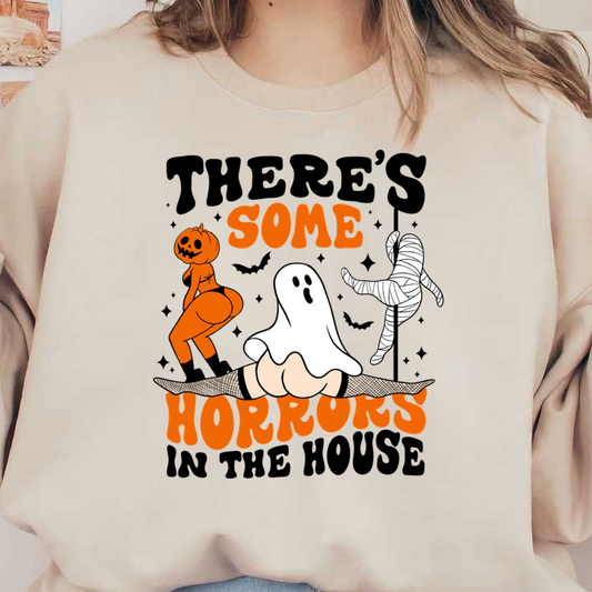 A playful Halloween-themed graphic featuring a ghost, a pumpkin, and a mummy, accompanied by the text "Some Horrors." dtf prints