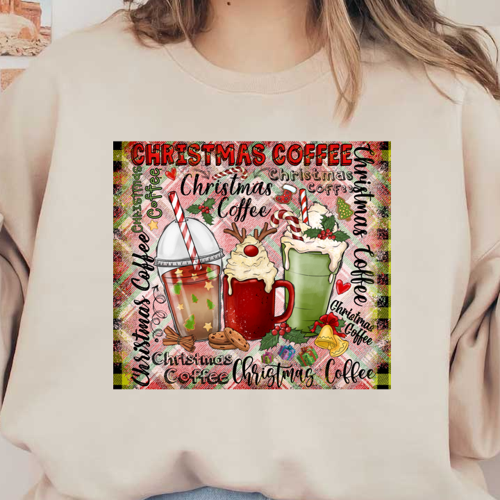 Celebrate the festive season with this vibrant illustration featuring delightful Christmas coffee drinks topped with festive decorations!DTF Transfers dtf prints