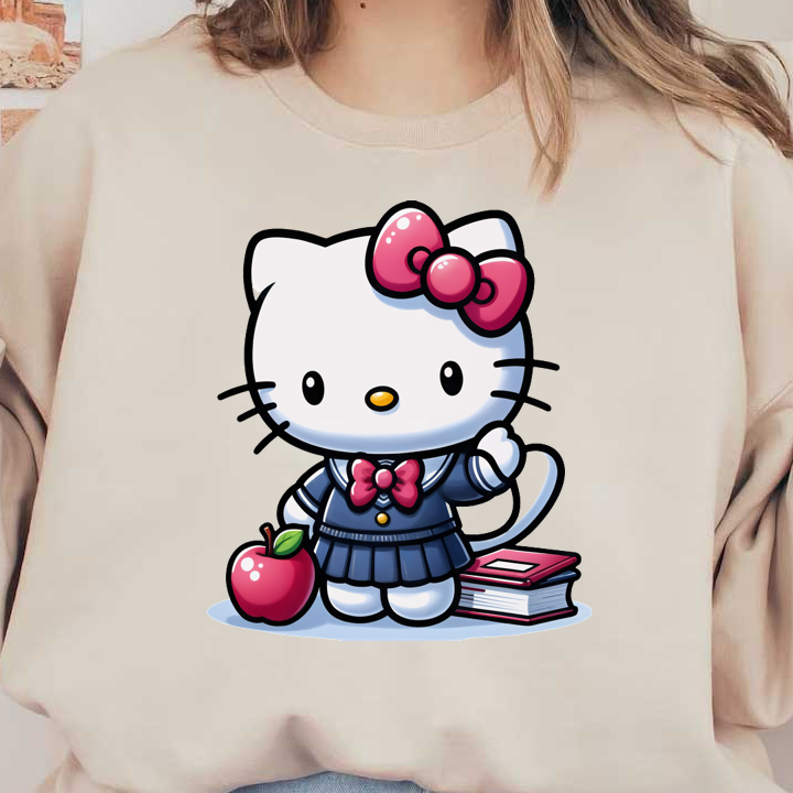 Hello Kitty is dressed in a cute school uniform, holding an apple with books nearby, exuding a cheerful, playful vibe.DTF Transfers dtf prints