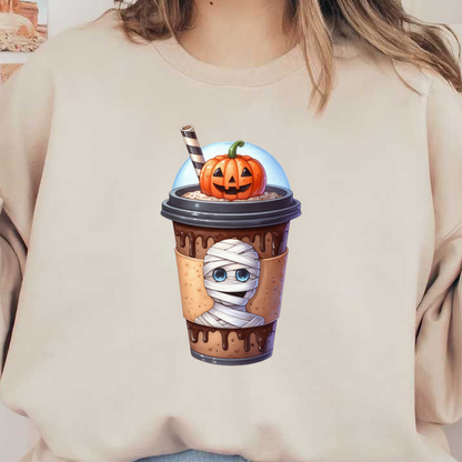 A festive Halloween-themed drink featuring a cute mummy and a smiling pumpkin on top of a chocolate shake. dtf prints