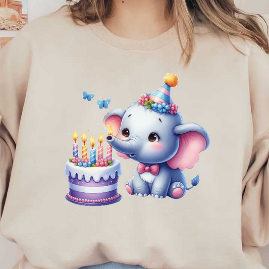 Celebrate with this adorable blue elephant wearing a party hat beside a colorful cake featuring festive candles and cute butterflies!DTF Transfers