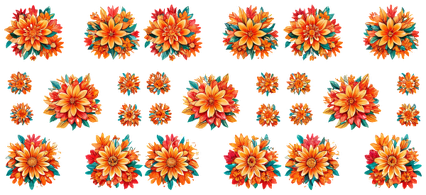 A vibrant collection of multicolored flower illustrations, featuring various sizes and detailed petals in shades of orange and teal.UV Transfersdtf regular iron