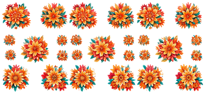 A vibrant collection of multicolored flower illustrations, featuring various sizes and detailed petals in shades of orange and teal.UV Transfersdtf regular iron