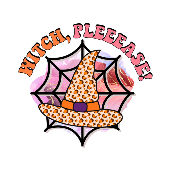 A playful Halloween design featuring a leopard print witch hat against a colorful web backdrop with the playful text "WITCH, PLEEEASE!"dtf regular iron