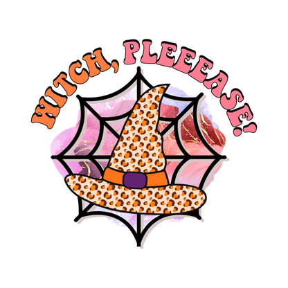 A playful Halloween design featuring a leopard print witch hat against a colorful web backdrop with the playful text "WITCH, PLEEEASE!"dtf regular iron