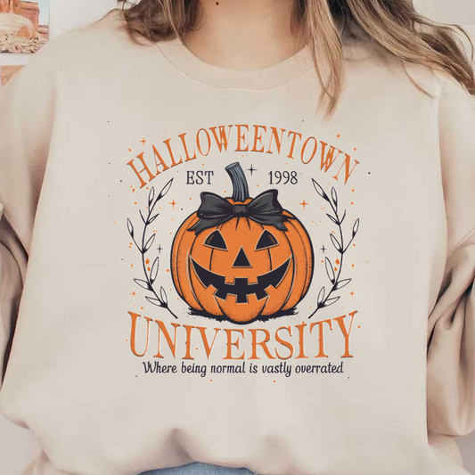 Celebrate the spirit of Halloween with this fun, whimsical design featuring a smiling jack-o'-lantern for Halloweentown University. dtf prints