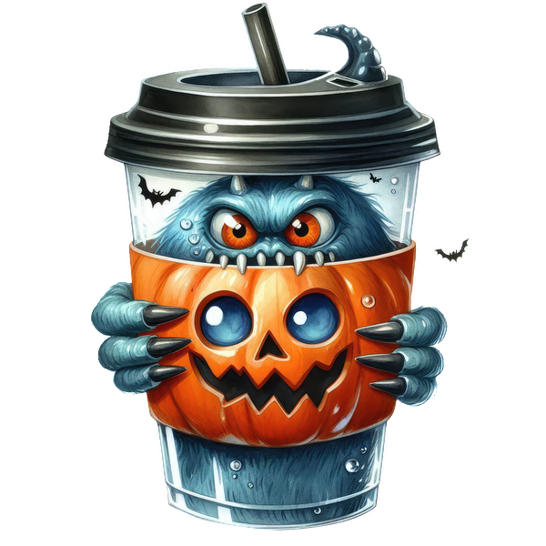 Un divertido vaso para bebidas con temática de Halloween que presenta un monstruo azul que sostiene una calabaza tallada, completo con una pajita y detalles espeluznantes.