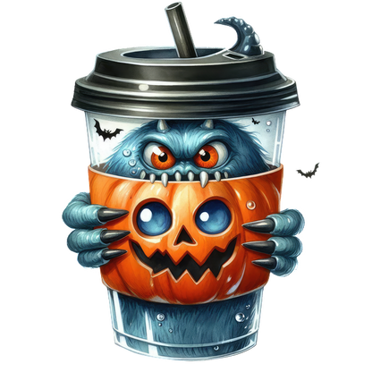 Un divertido vaso para bebidas con temática de Halloween que presenta un monstruo azul que sostiene una calabaza tallada, completo con una pajita y detalles espeluznantes.