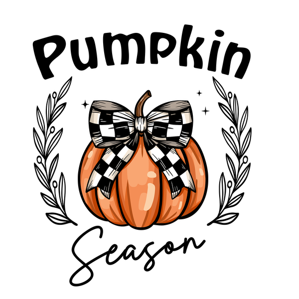 A decorative orange pumpkin adorned with a stylish black and white checked bow, perfect for autumn celebrations.dtf regular iron