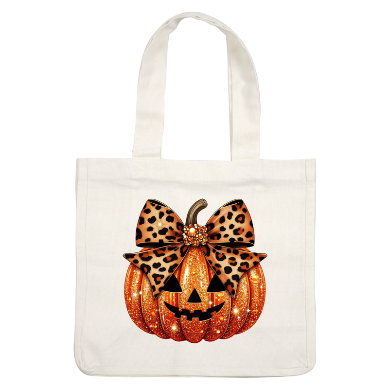 Shimmering orange Halloween pumpkin adorned with a sparkling leopard print bow, featuring a playful carved face. heat press transfers